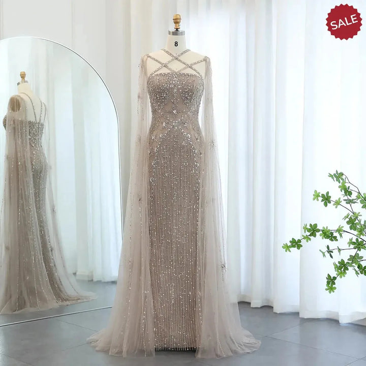 Luxury Aqua Lilac Mermaid Evening Dress with Cape Sleeves SS391