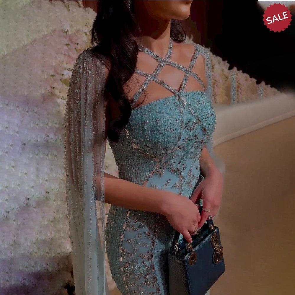 Luxury Aqua Lilac Mermaid Evening Dress with Cape Sleeves SS391