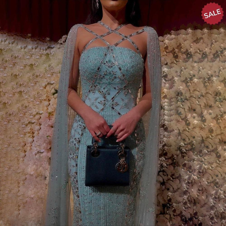 Luxury Aqua Lilac Mermaid Evening Dress with Cape Sleeves SS391