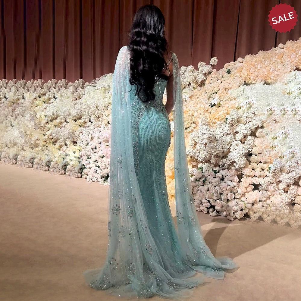 Luxury Aqua Lilac Mermaid Evening Dress with Cape Sleeves SS391