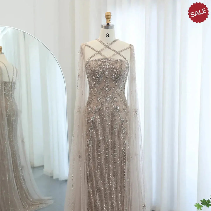 Luxury Aqua Lilac Mermaid Evening Dress with Cape Sleeves SS391
