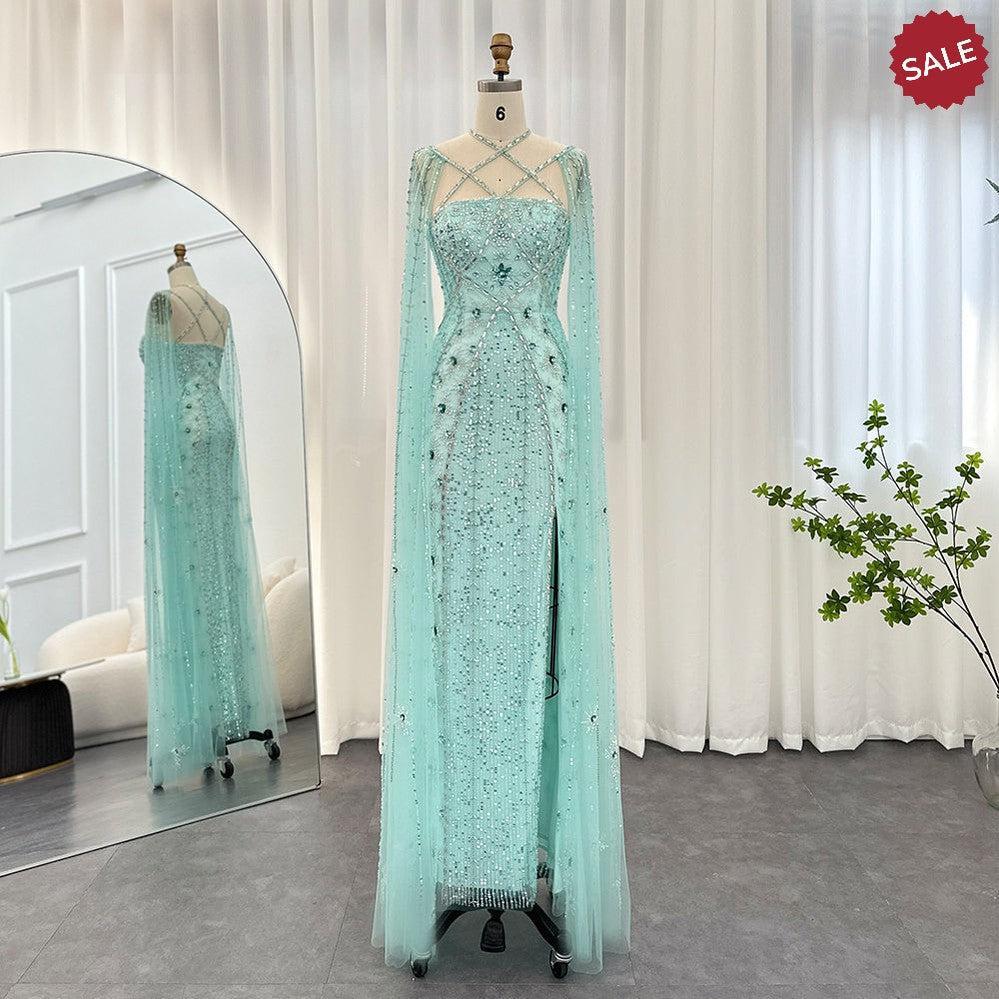 Luxury Aqua Lilac Mermaid Evening Dress with Cape Sleeves SS391