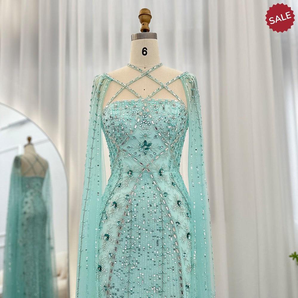 Luxury Aqua Lilac Mermaid Evening Dress with Cape Sleeves SS391
