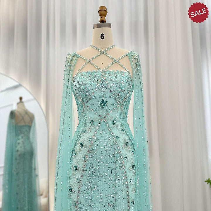 Luxury Aqua Lilac Mermaid Evening Dress with Cape Sleeves SS391