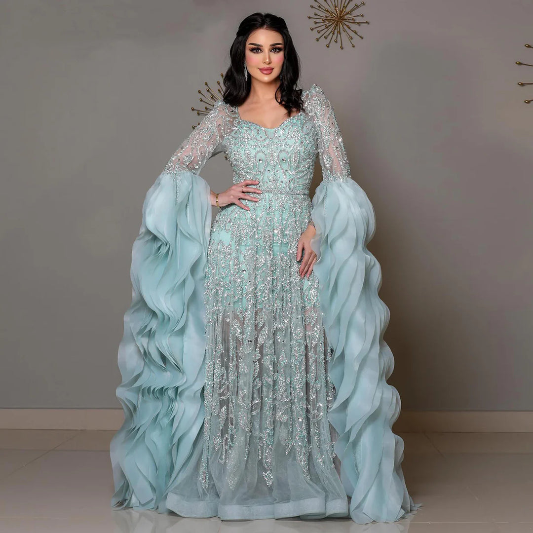 Luxury Aqua Ruffled Cape Crystal Sequin A-Line Evening Gown SS410 DreamyVow Luxury Aqua Ruffled Cape Crystal Sequin A-Line Evening Gown SS410 DreamyVow