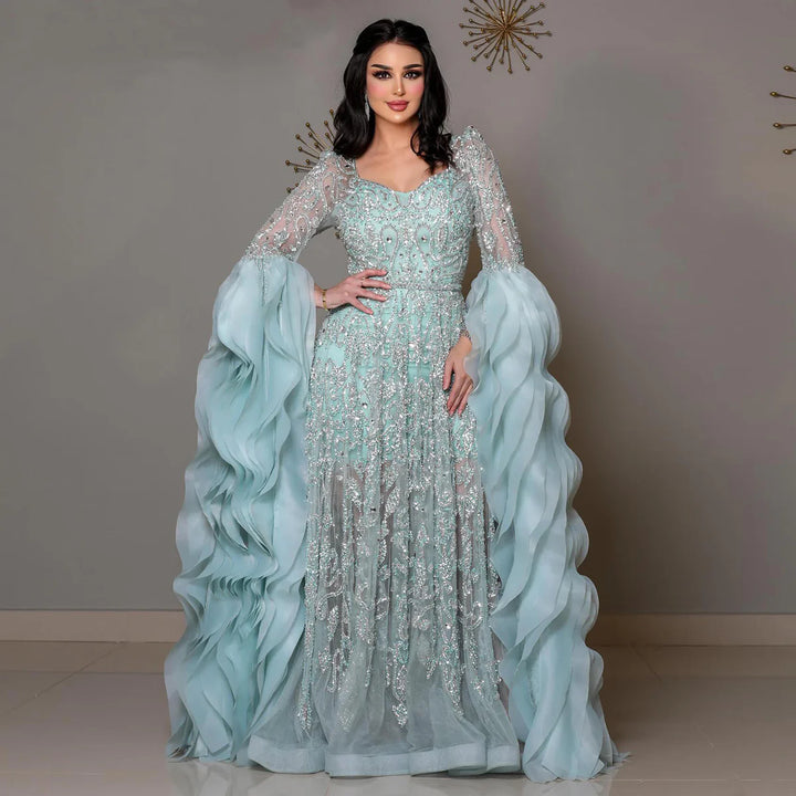 Luxury Aqua Ruffled Cape Crystal Sequin A-Line Evening Gown SS410-DreamyVow