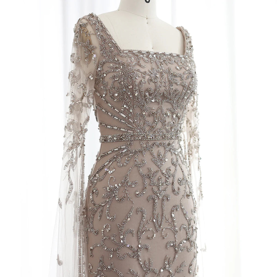 Luxury Arabic Turquoise Evening Dress with Cape Sleeves SS469