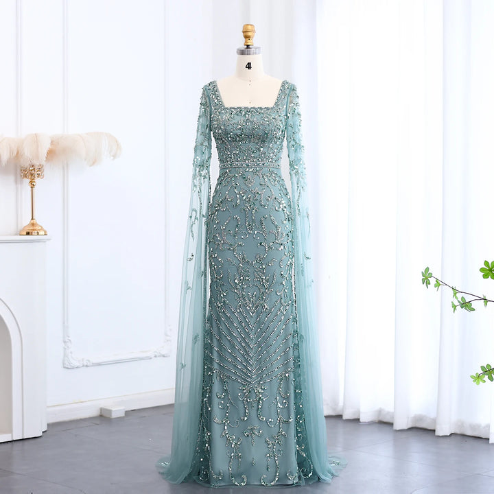 Luxury Arabic Turquoise Evening Dress with Cape Sleeves SS469