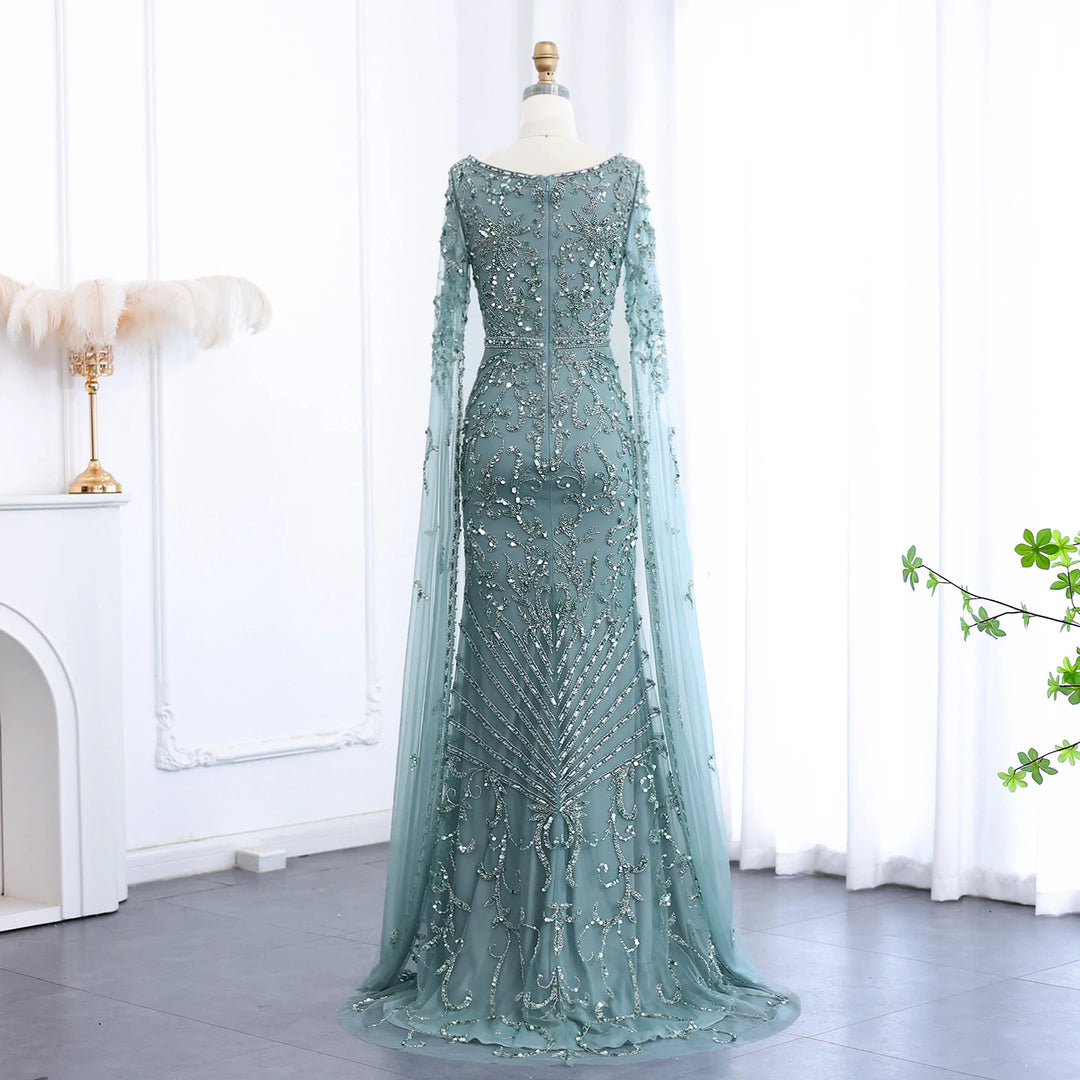 Luxury Arabic Turquoise Evening Dress with Cape Sleeves SS469