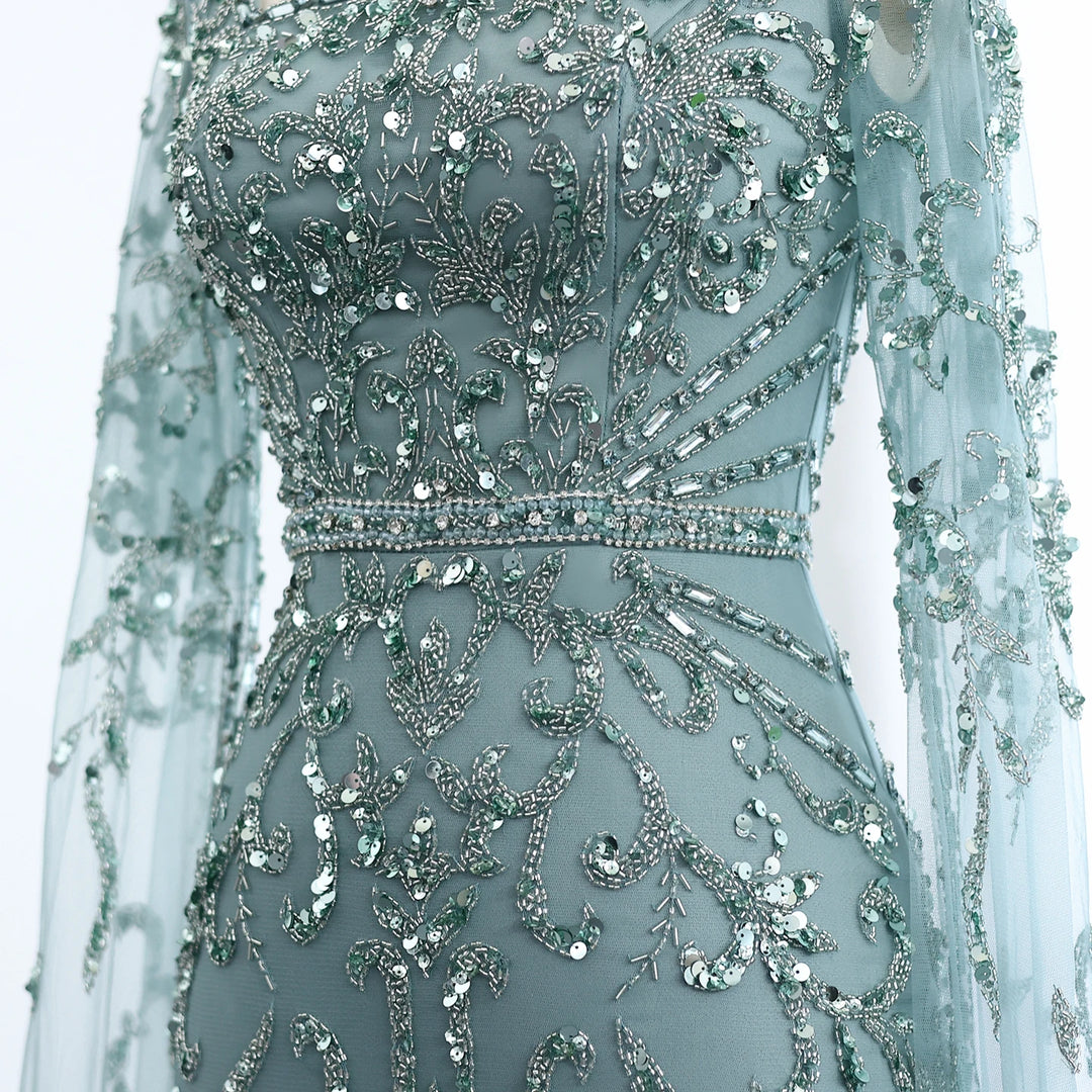 Luxury Arabic Turquoise Evening Dress with Cape Sleeves SS469