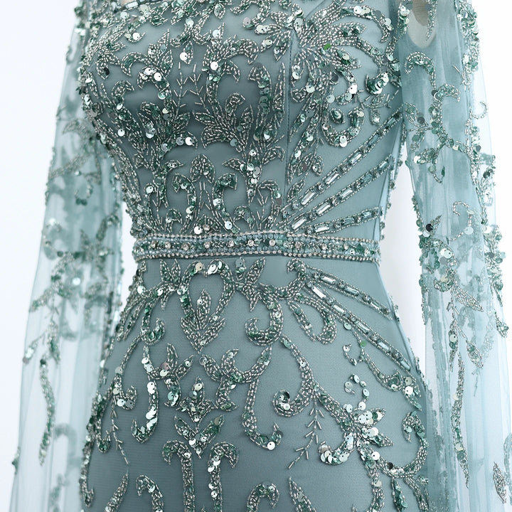 Luxury Arabic Turquoise Evening Dress with Cape Sleeves SS469