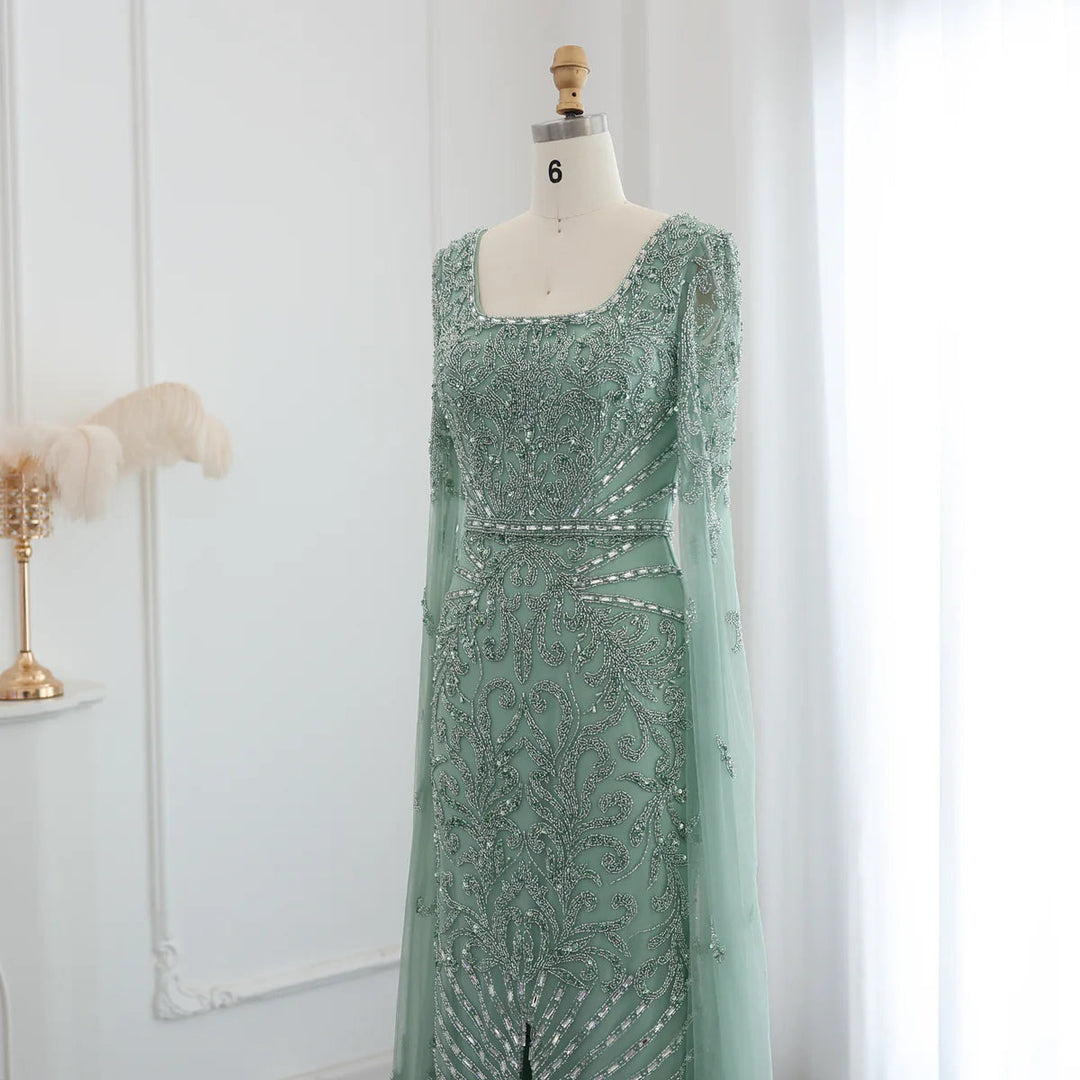 Luxury Arabic Turquoise Evening Dress with Cape Sleeves SS469