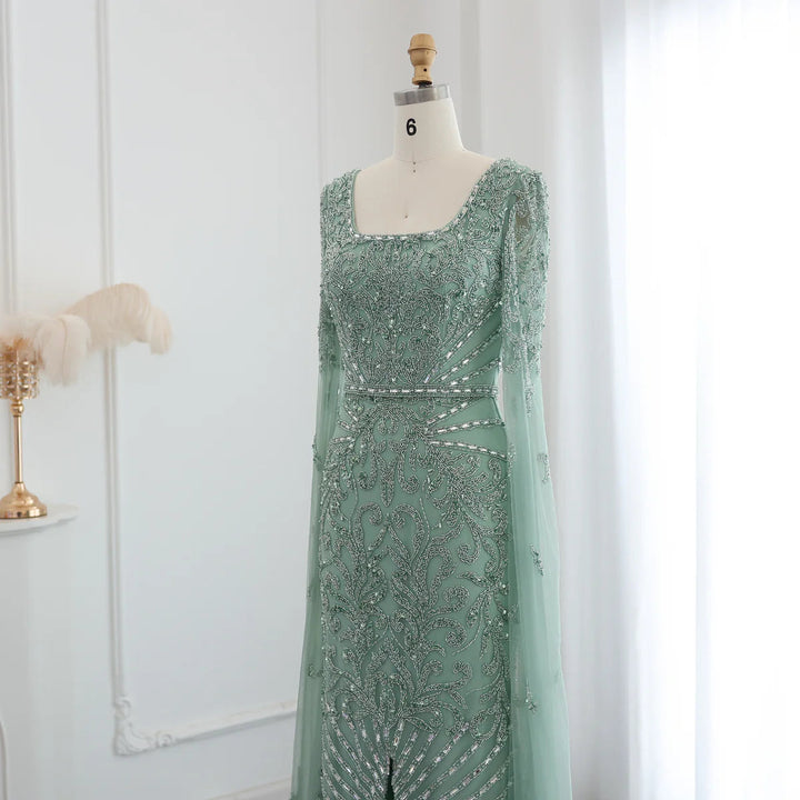 Luxury Arabic Turquoise Evening Dress with Cape Sleeves SS469