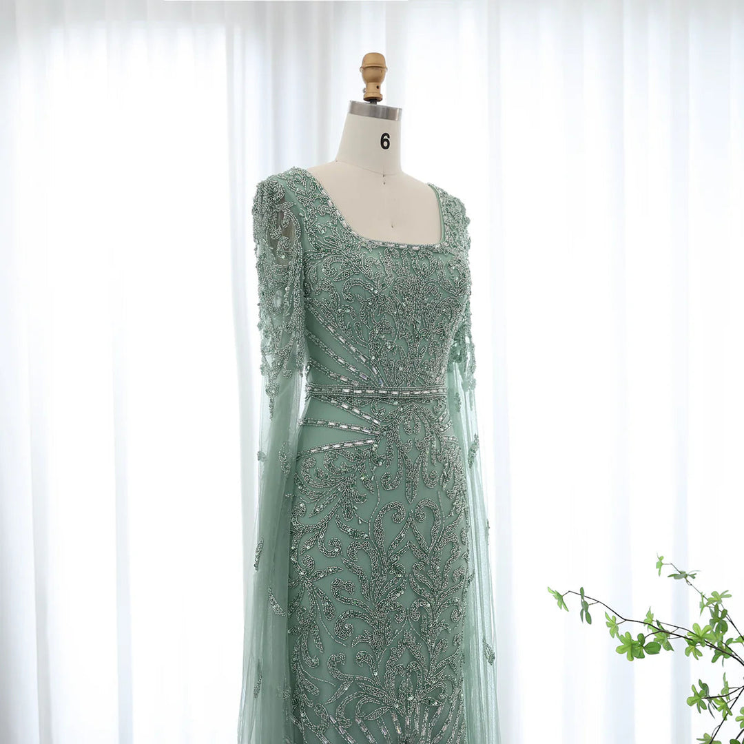 Luxury Arabic Turquoise Evening Dress with Cape Sleeves SS469