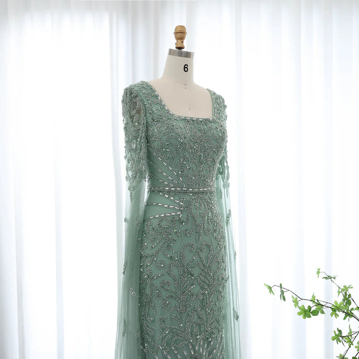 Luxury Arabic Turquoise Evening Dress with Cape Sleeves SS469