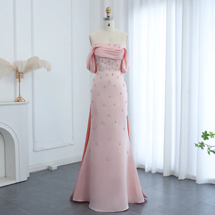 Luxury Baby Pink Off Shoulder Evening Dress for Women Party SS500