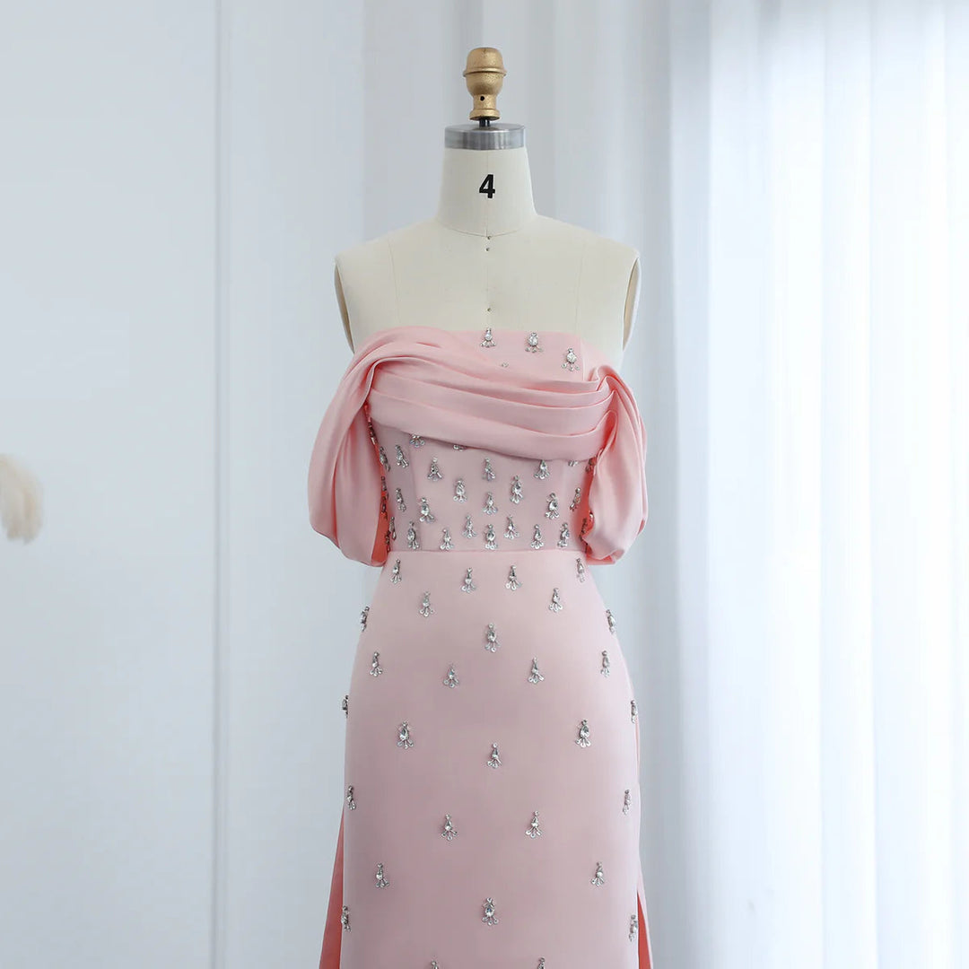 Luxury Baby Pink Off Shoulder Evening Dress for Women Party SS500