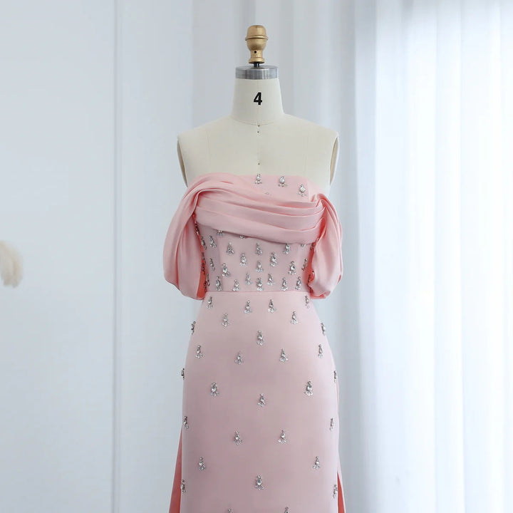 Luxury Baby Pink Off Shoulder Evening Dress for Women Party SS500