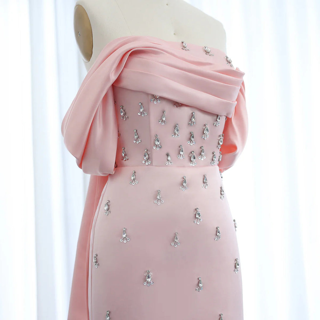 Luxury Baby Pink Off Shoulder Evening Dress for Women Party SS500