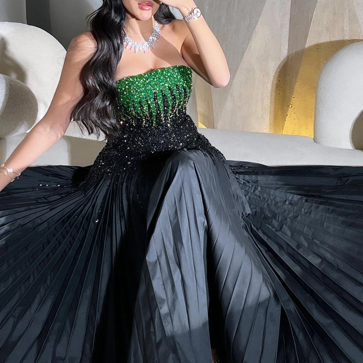 Luxury Beaded Black Green Strapless Dubai Evening Dress for Party SS224