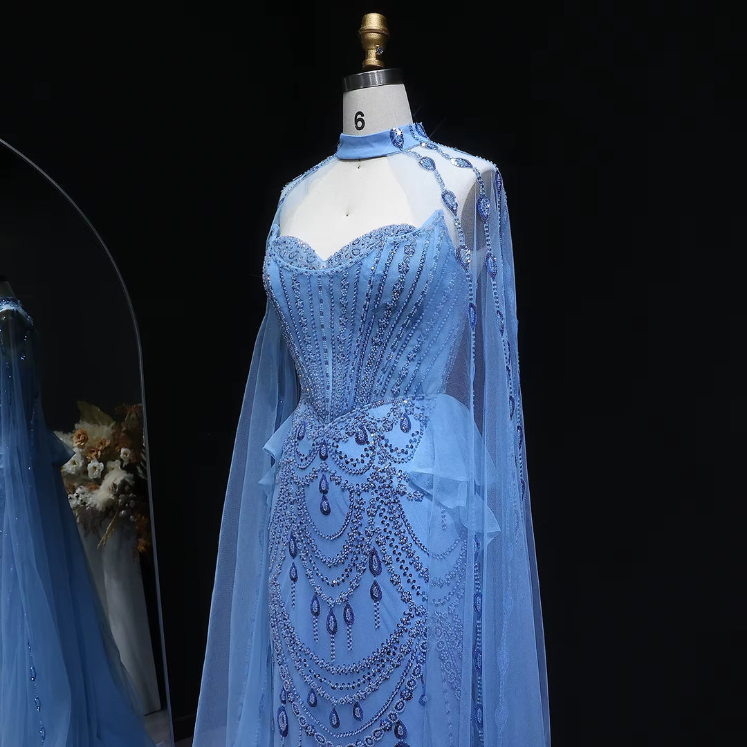 Luxury Beaded Blue Evening Gown with Cape Sleeves and Overskirt SS092-DreamyVow