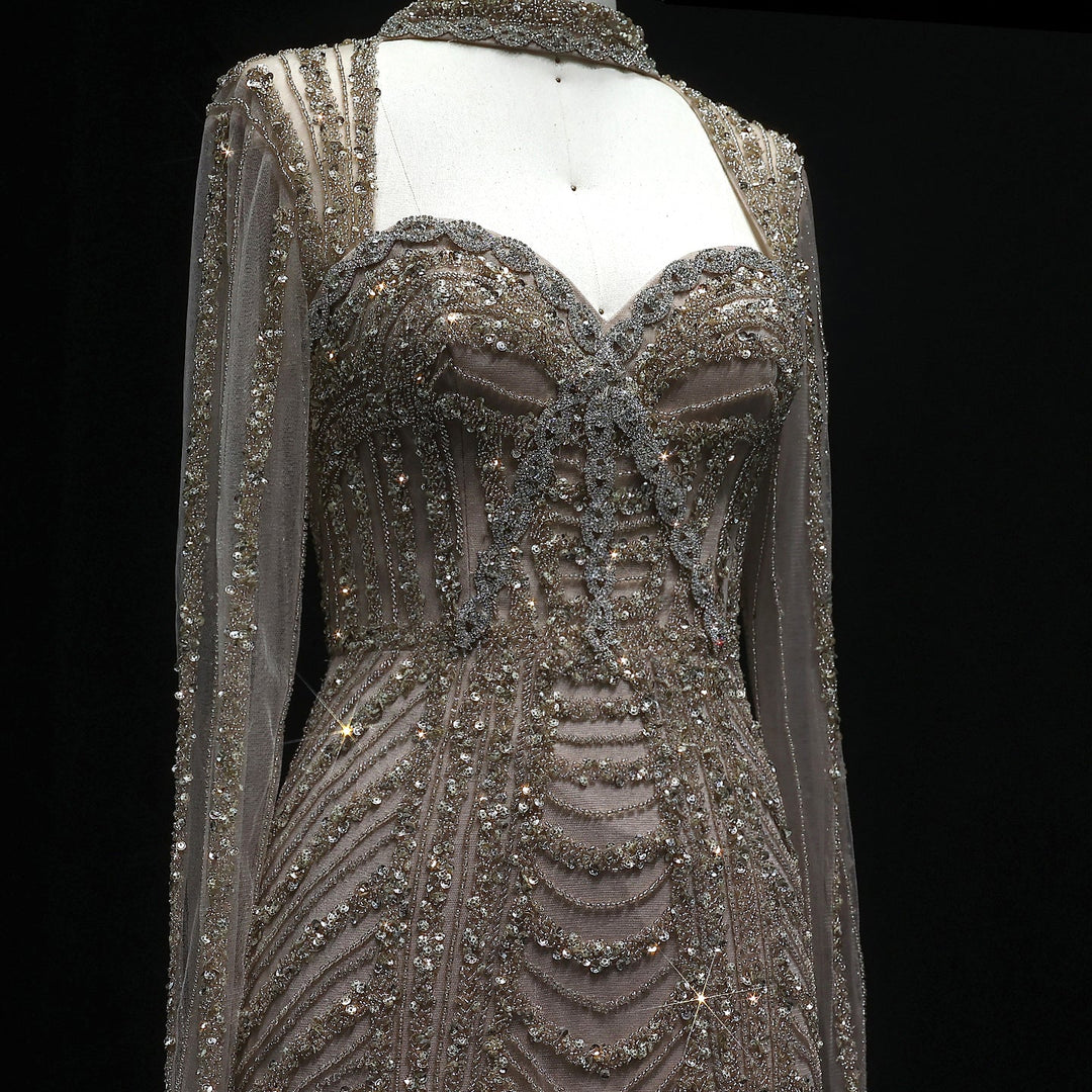 Luxury Beaded Blue Long Sleeve Evening Dress SS065