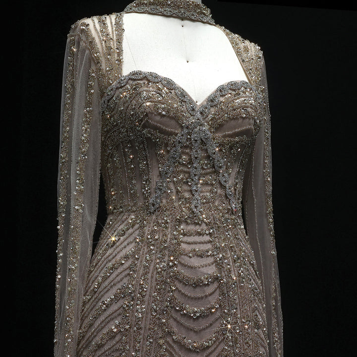 Luxury Beaded Blue Long Sleeve Evening Dress SS065