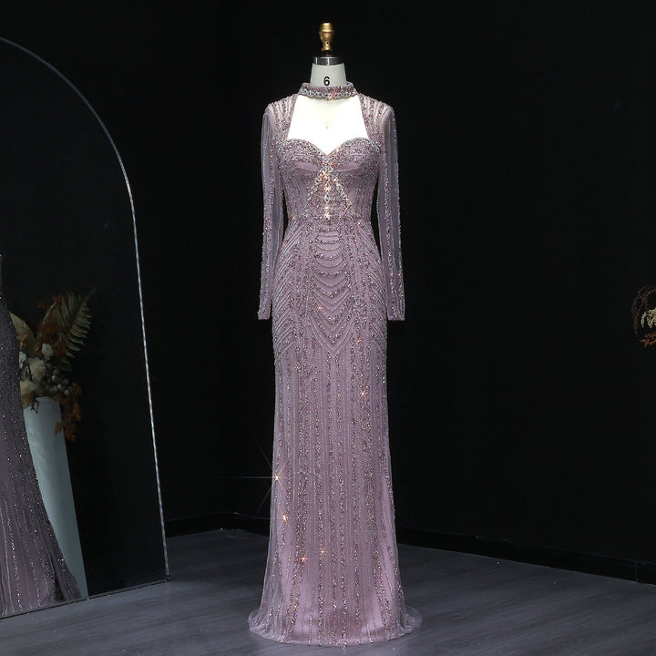 Luxury Beaded Blue Long Sleeve Evening Dress SS065
