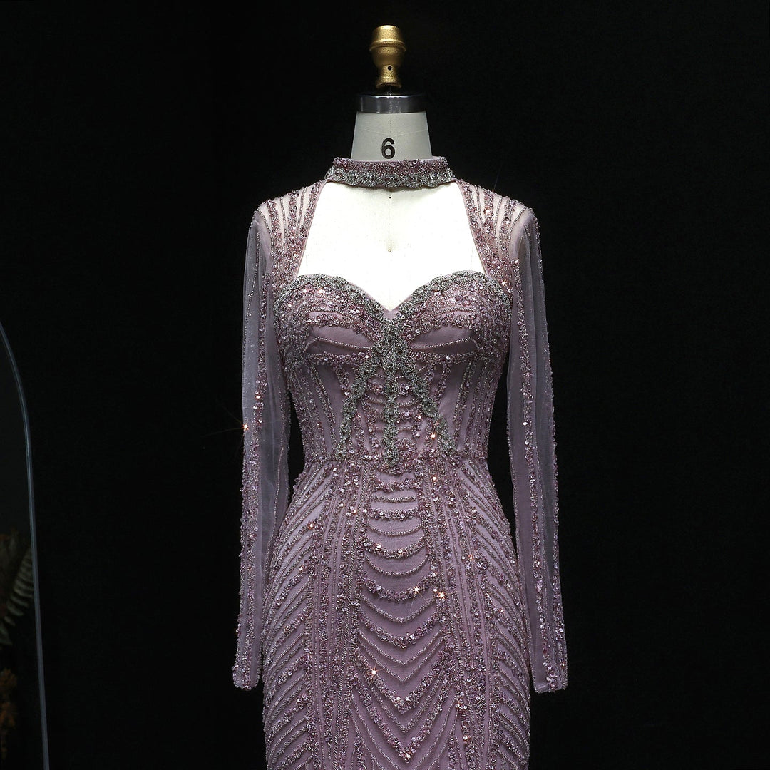 Luxury Beaded Blue Long Sleeve Evening Dress SS065