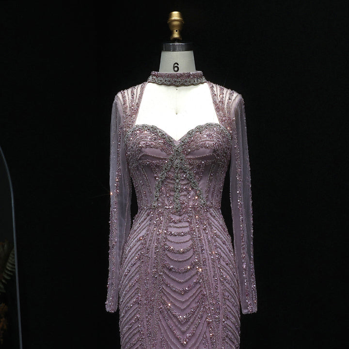 Luxury Beaded Blue Long Sleeve Evening Dress SS065