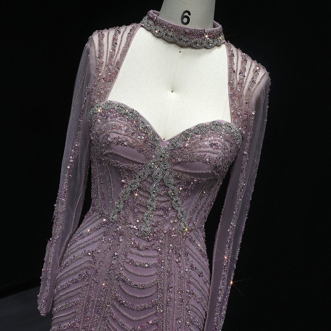 Luxury Beaded Blue Long Sleeve Evening Dress SS065