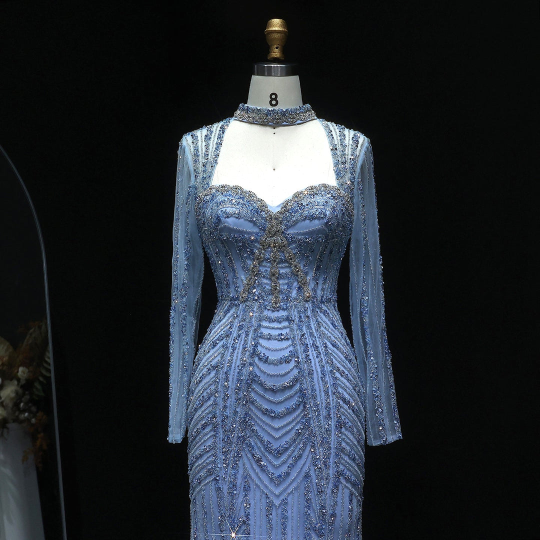 Luxury Beaded Blue Long Sleeve Evening Dress SS065