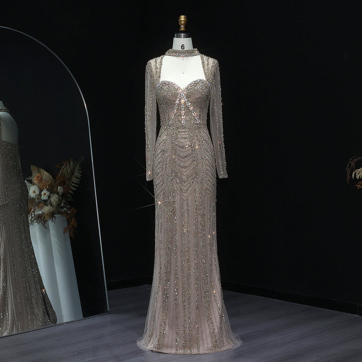 Luxury Beaded Blue Long Sleeve Evening Dress SS065