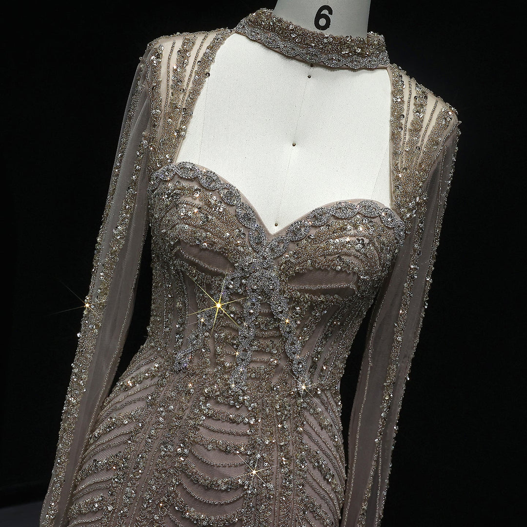 Luxury Beaded Blue Long Sleeve Evening Dress SS065
