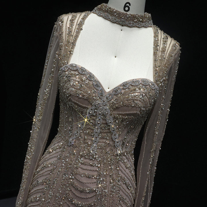 Luxury Beaded Blue Long Sleeve Evening Dress SS065