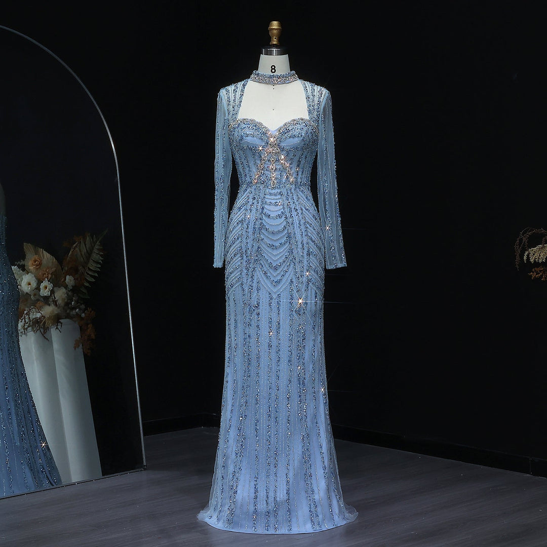 Luxury Beaded Blue Long Sleeve Evening Dress SS065