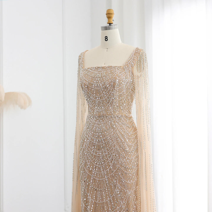Luxury Beaded Blue Mermaid Evening Dress with Cape Sleeves SS690