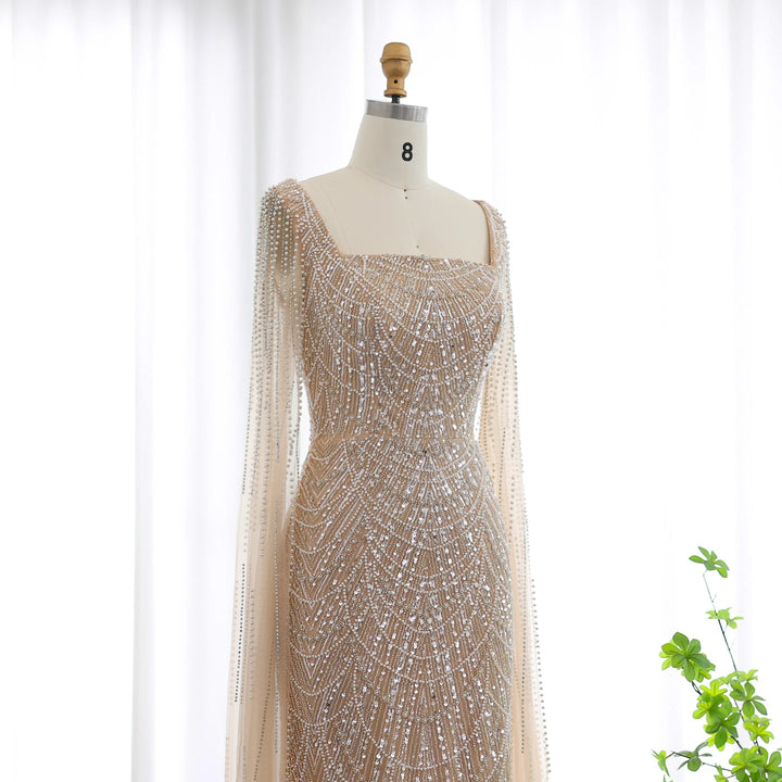 Luxury Beaded Blue Mermaid Evening Dress with Cape Sleeves SS690