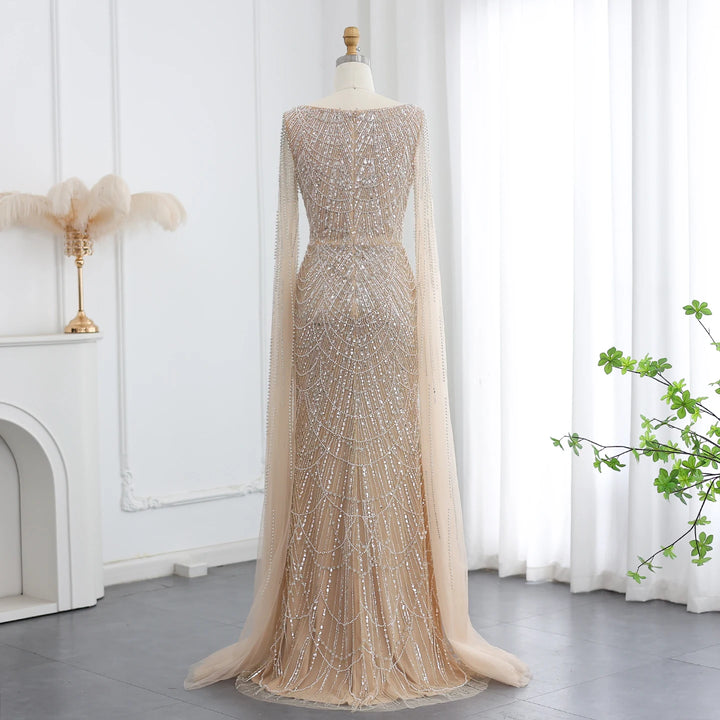Luxury Beaded Blue Mermaid Evening Dress with Cape Sleeves SS690