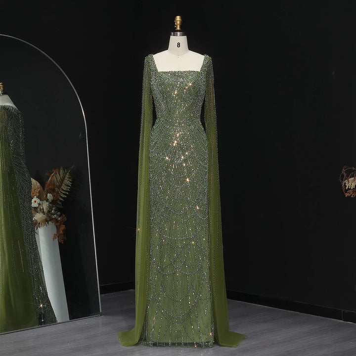 Luxury Beaded Blue Mermaid Evening Dress with Cape Sleeves SS690