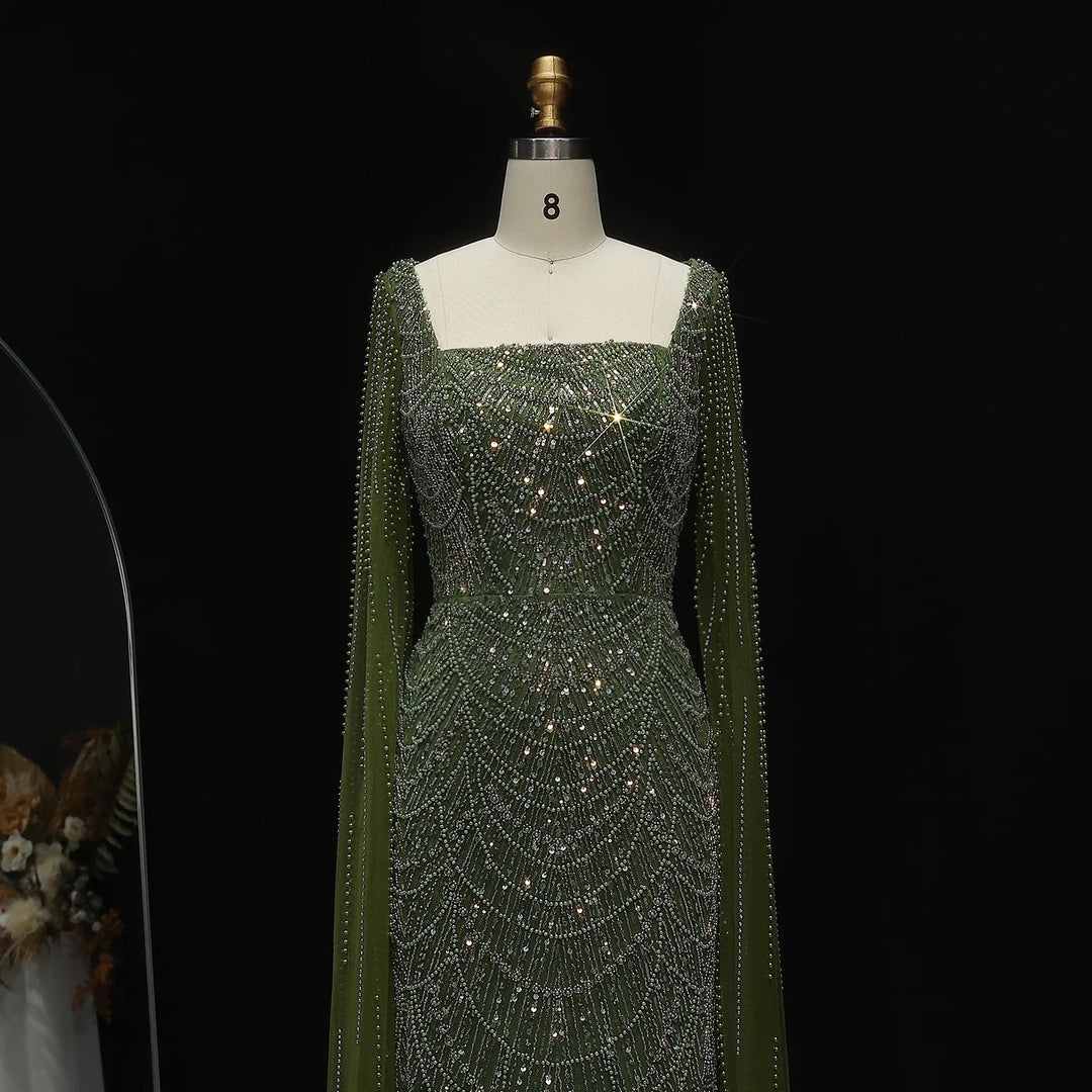 Luxury Beaded Blue Mermaid Evening Dress with Cape Sleeves SS690