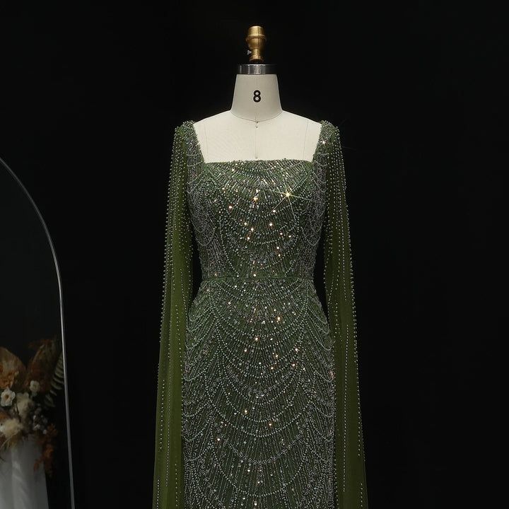 Luxury Beaded Blue Mermaid Evening Dress with Cape Sleeves SS690