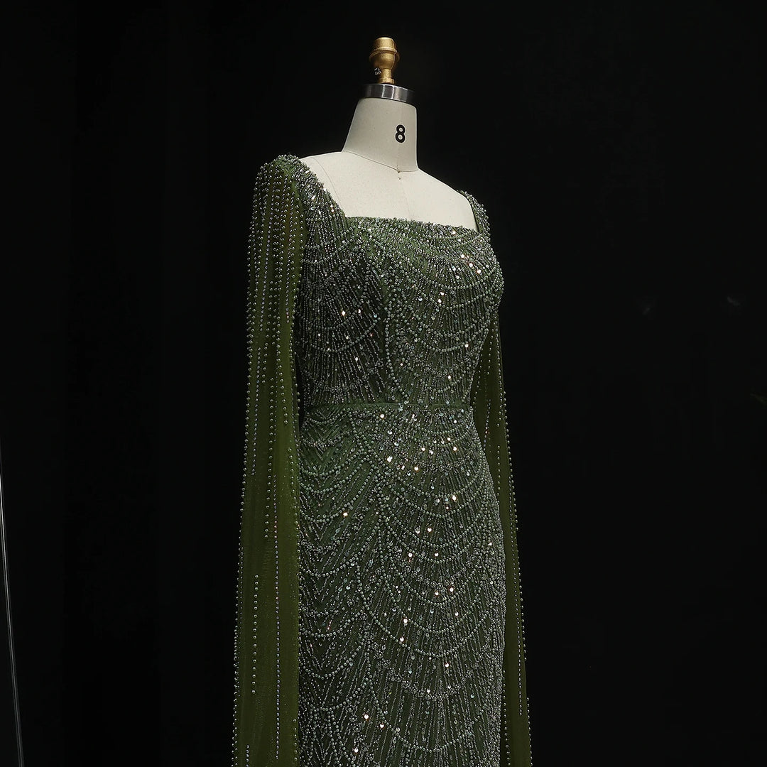 Luxury Beaded Blue Mermaid Evening Dress with Cape Sleeves SS690