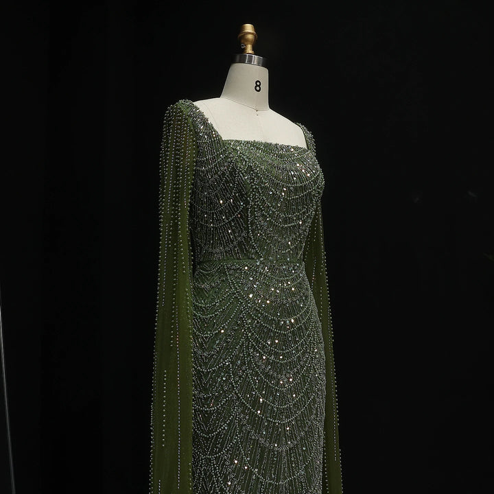 Luxury Beaded Blue Mermaid Evening Dress with Cape Sleeves SS690