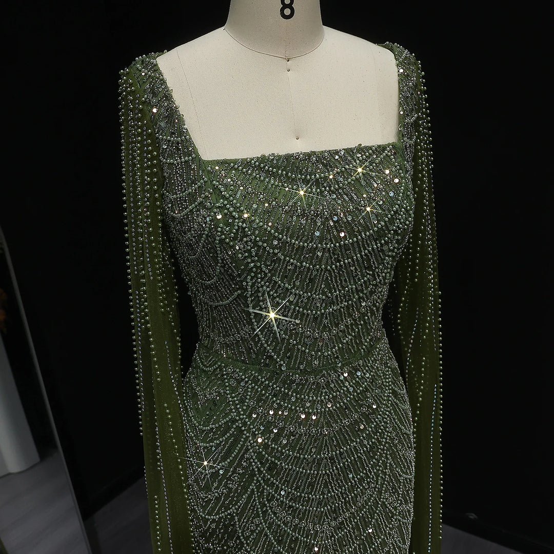 Luxury Beaded Blue Mermaid Evening Dress with Cape Sleeves SS690