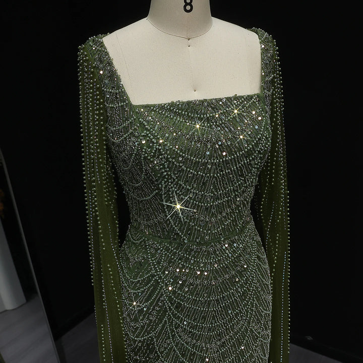 Luxury Beaded Blue Mermaid Evening Dress with Cape Sleeves SS690