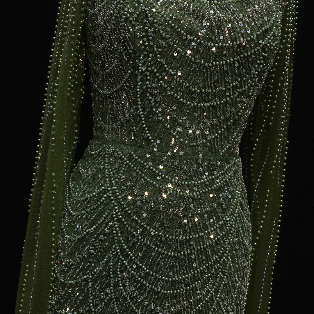Luxury Beaded Blue Mermaid Evening Dress with Cape Sleeves SS690