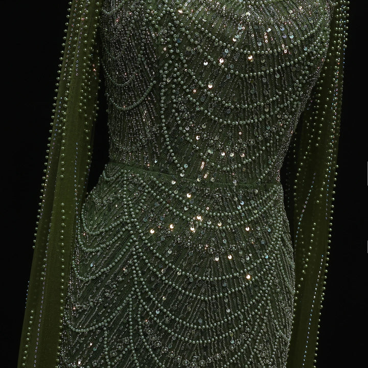 Luxury Beaded Blue Mermaid Evening Dress with Cape Sleeves SS690