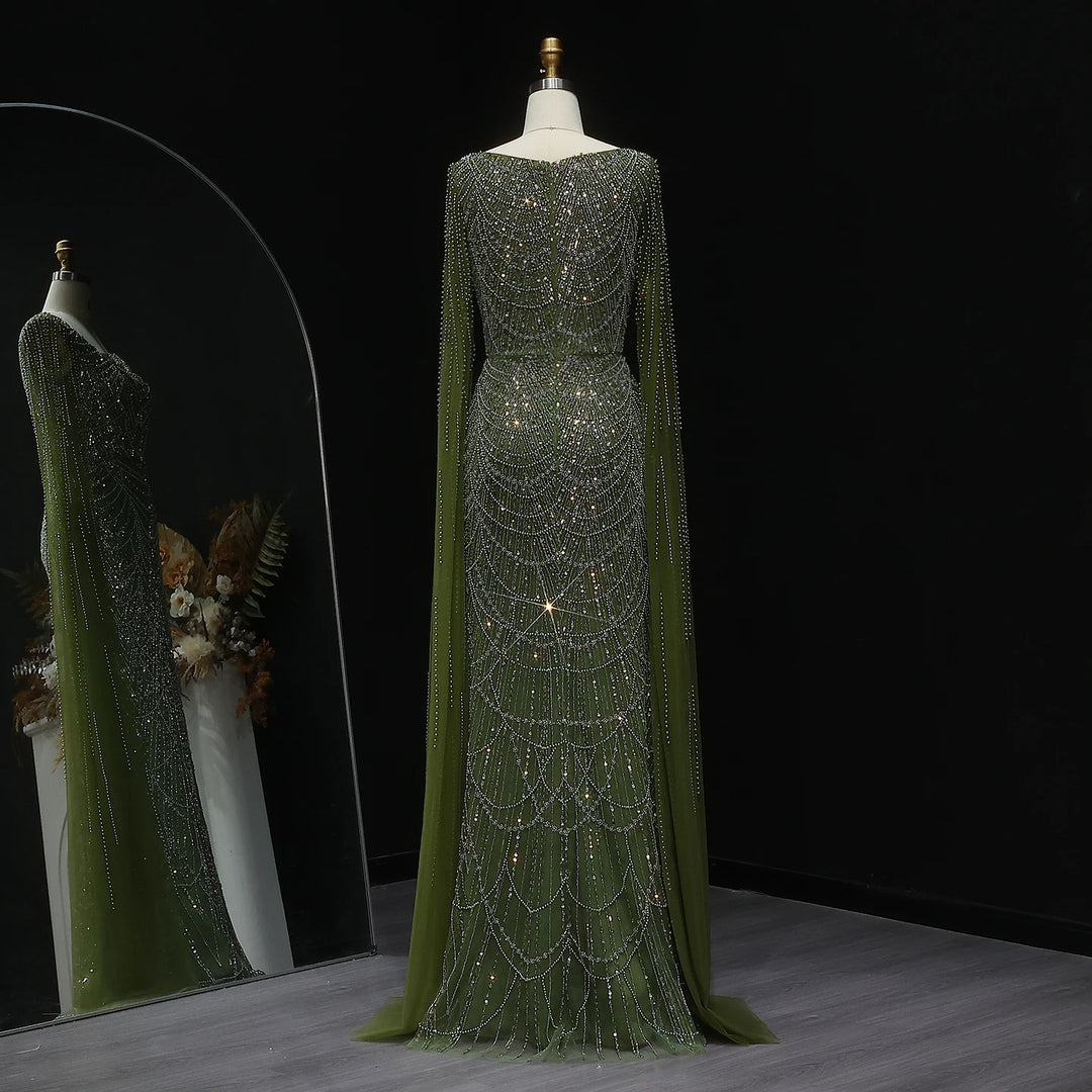 Luxury Beaded Blue Mermaid Evening Dress with Cape Sleeves SS690