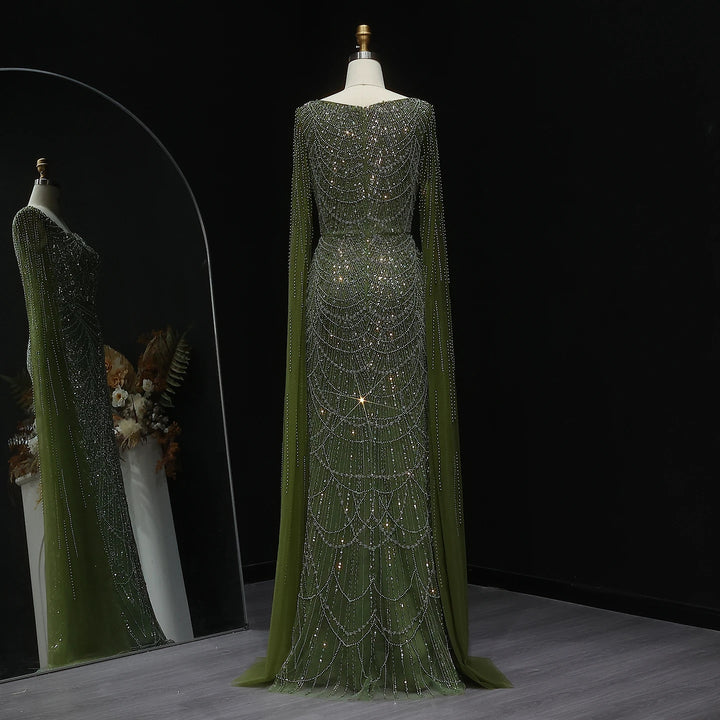 Luxury Beaded Blue Mermaid Evening Dress with Cape Sleeves SS690